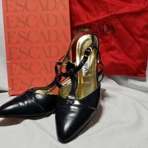 Escada black leather vintage sling back heels